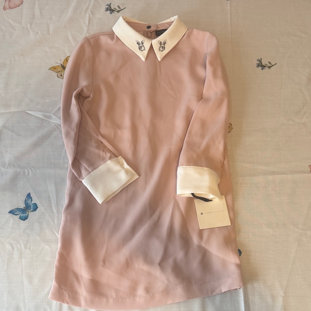 Pink Contrast-Collar Long Sleeve Dress